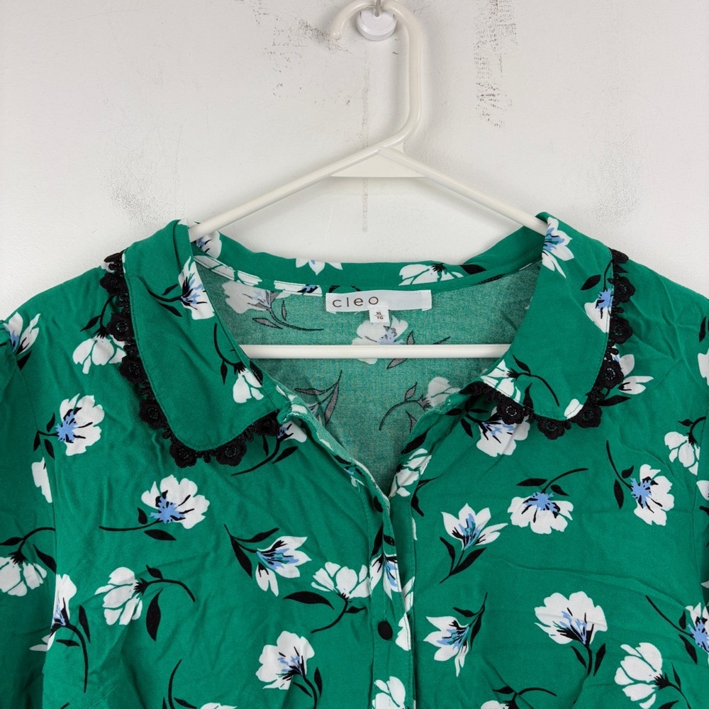 Cleo Green Floral Button-Up Blouse Peter Pan Collar Cottagecore Feminine Chic - Picture 6 of 10